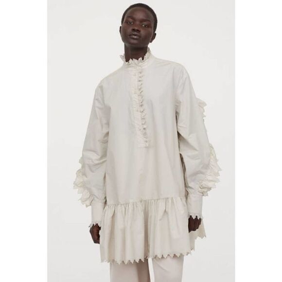 H&M Tunic Dress Ruffle Trimmed Cotton Cream New - Picture 2 of 5